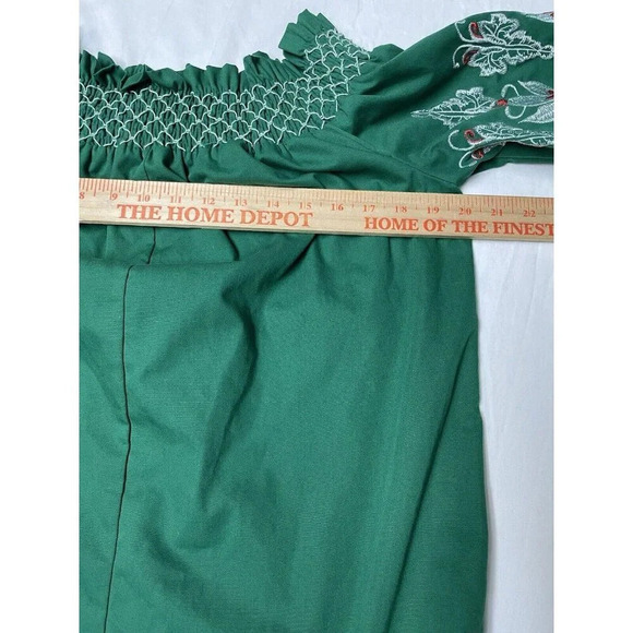 Bleuh Ciel Blouse L Off Shoulder Green Floral Embroider Cottagecore Smocked Boho - Picture 6 of 9